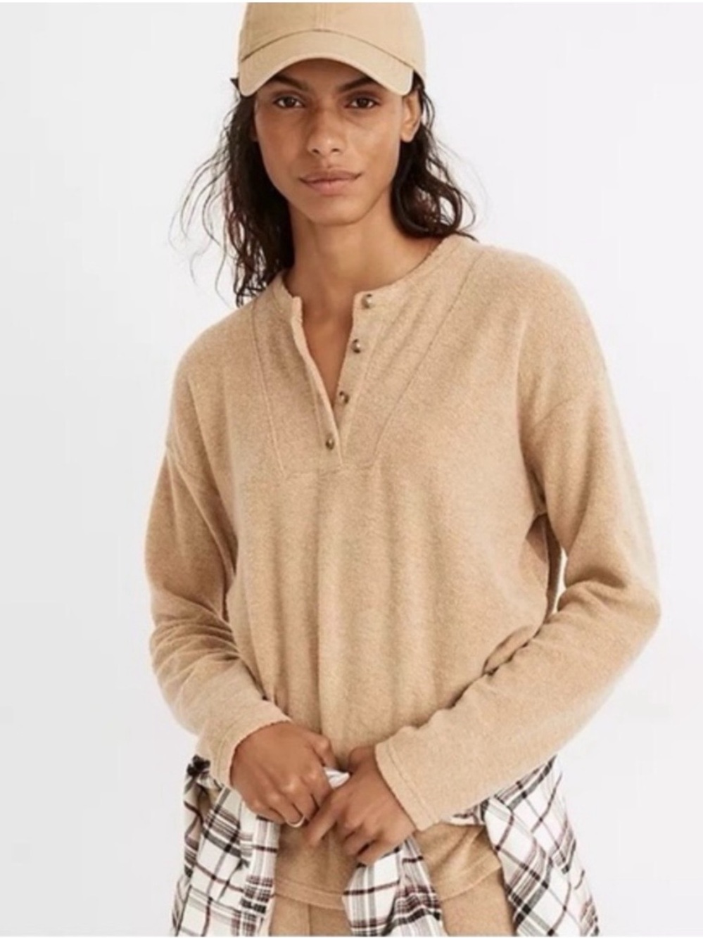 Madewell MWL Henley brushed sweatshirt in Camel